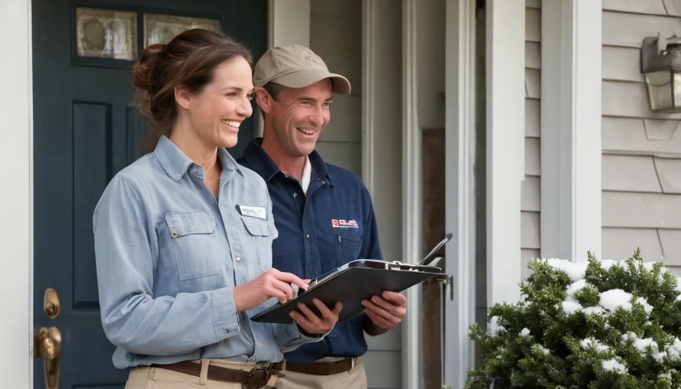 A friendly pest provider talking with a homeowner at the front door of a home in Kinnelon